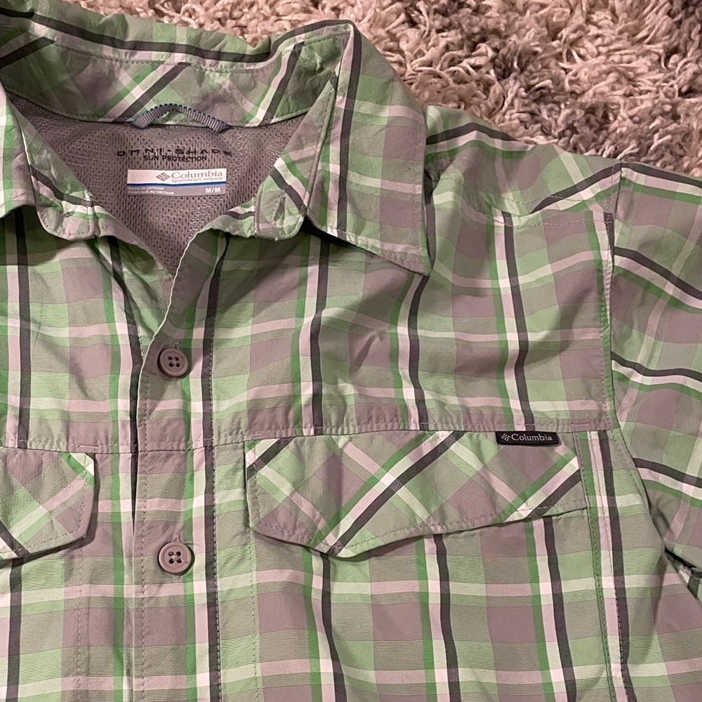 Columbia Green and Gray Plaid‎ Casual Button Down Shirt